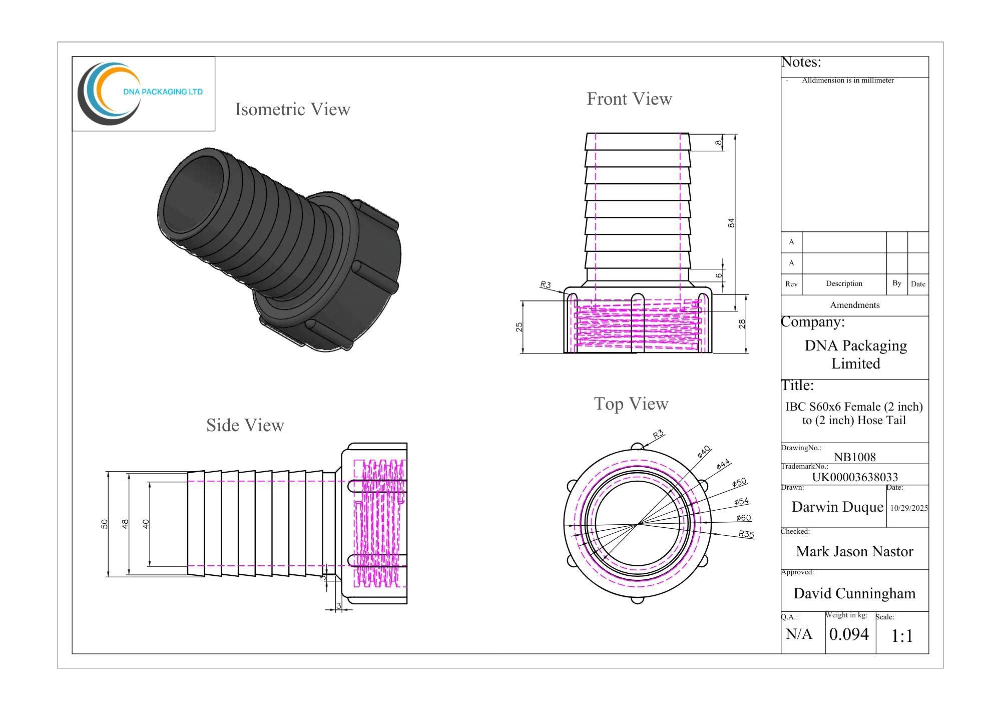 IBC S60x6 Female (2 inch) to (2 inch) Hose Tail