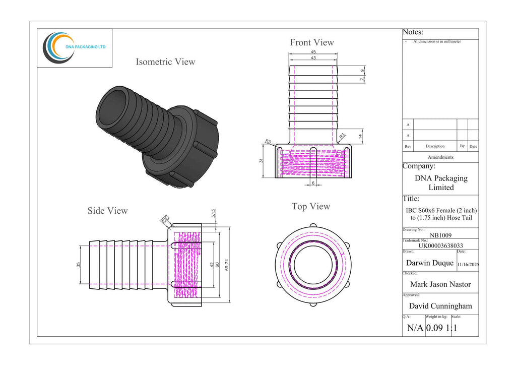 IBC S60x6 Female (2 inch) to (1.75 inch) Hose Tail
