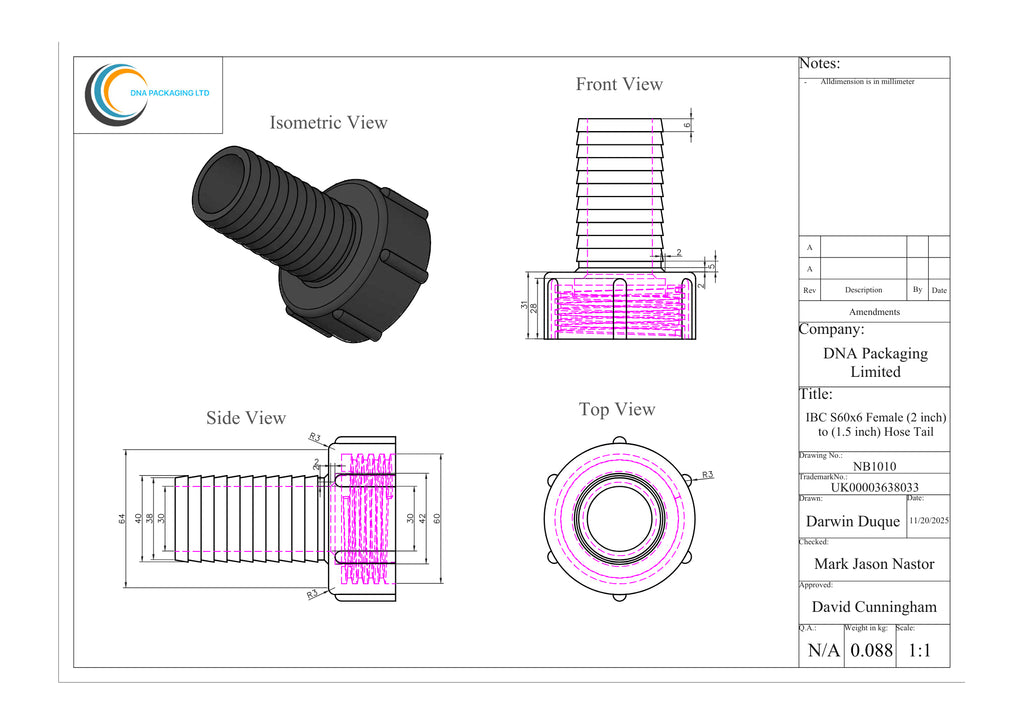 IBC S60x6 Female (2 inch) to (1.5 inch) Hose Tail