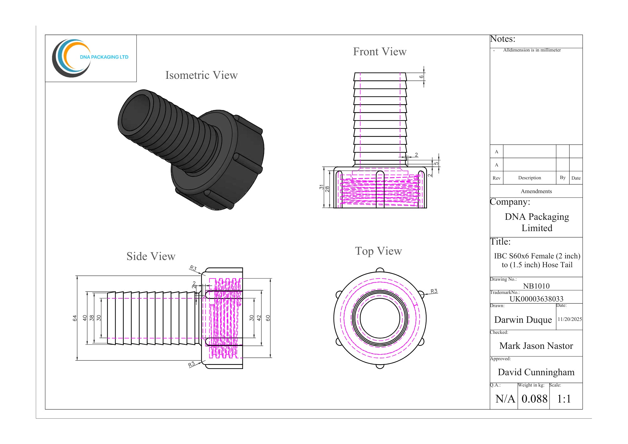 IBC S60x6 Female (2 inch) to (1.5 inch) Hose Tail