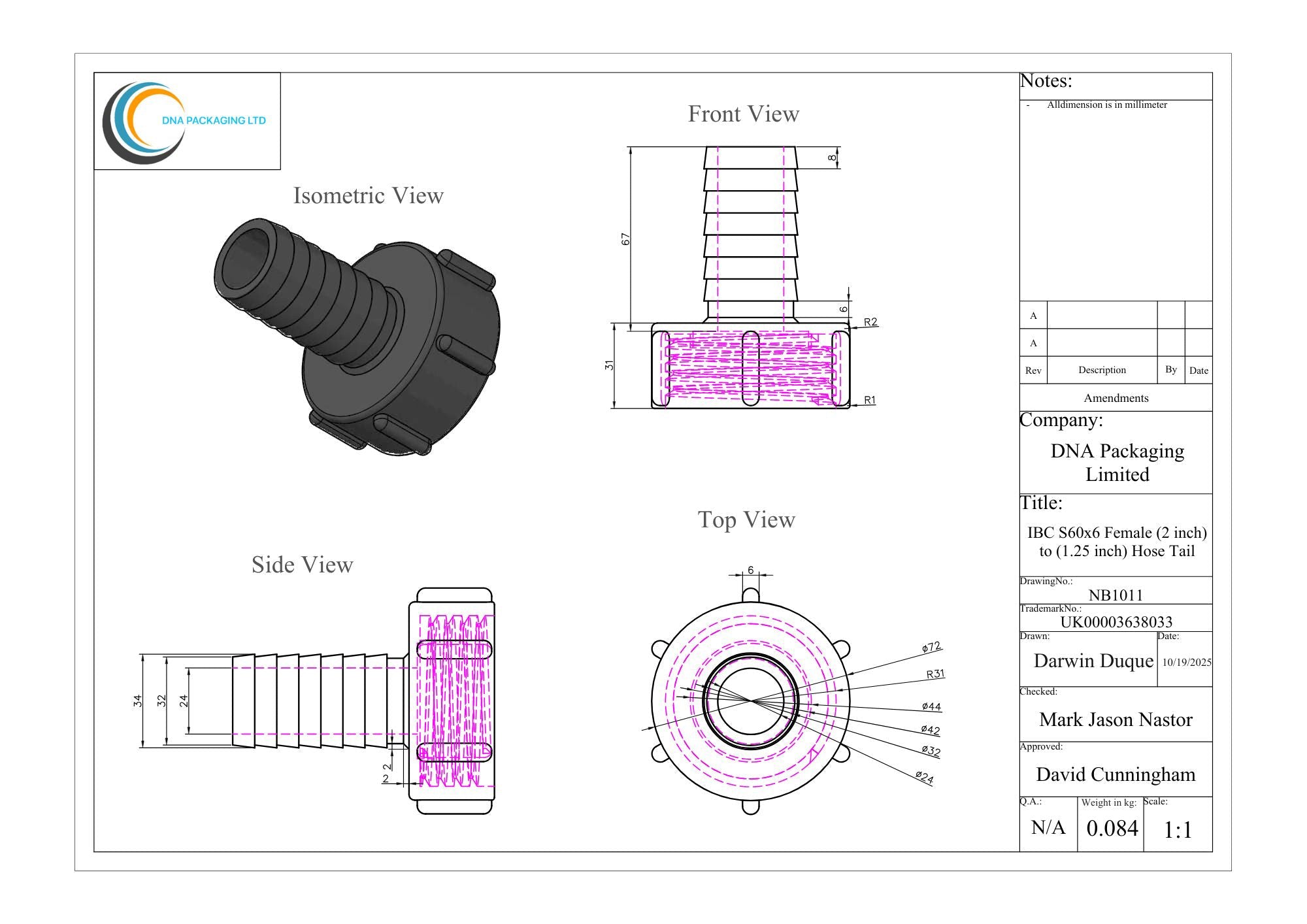 IBC S60x6 Female (2 inch) to (1.25 inch) Hose Tail
