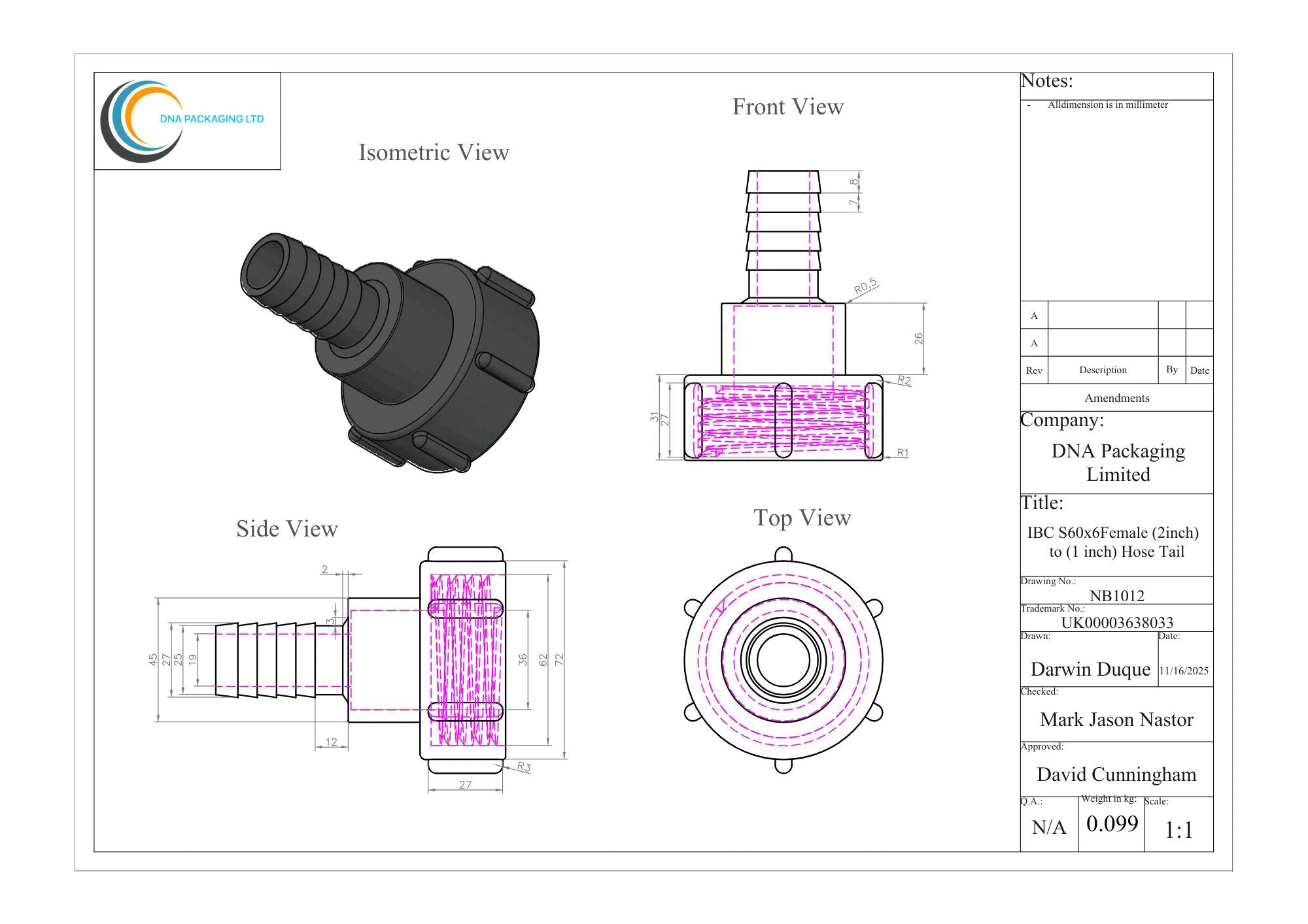 IBC S60x6 Female (2 inch) to (1 inch) Hose Tail