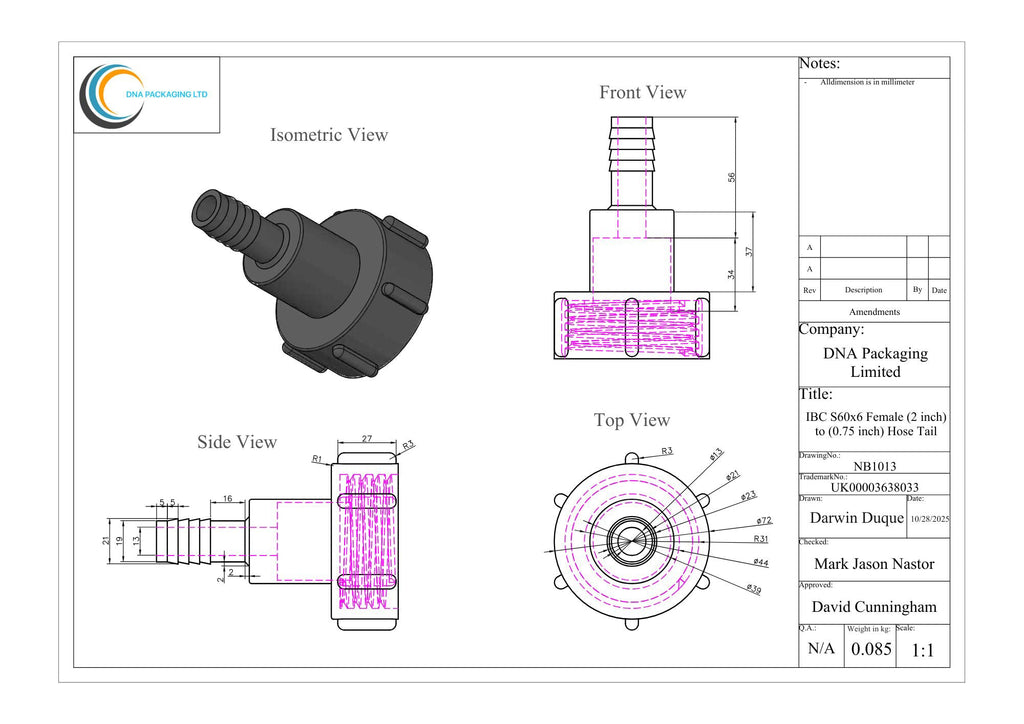 IBC S60x6 Female (2 inch) to (0.75 inch) Hose Tail