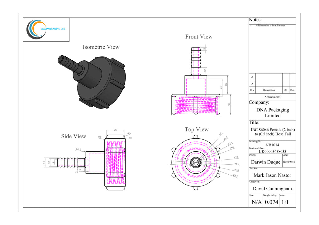 IBC S60x6 Female (2 inch) to (0.5 inch) Hose Tail