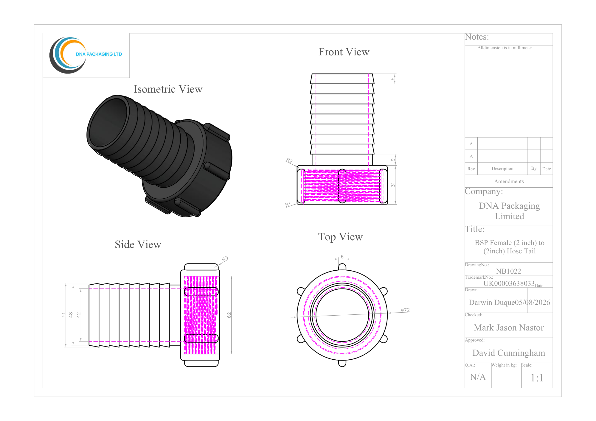 BSP Female (2 inch) to (2 inch) Hose Tail
