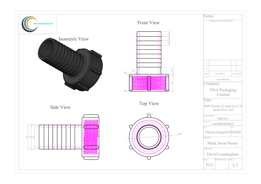 BSP Female (2 inch) to (1.75 inch) Hose Tail