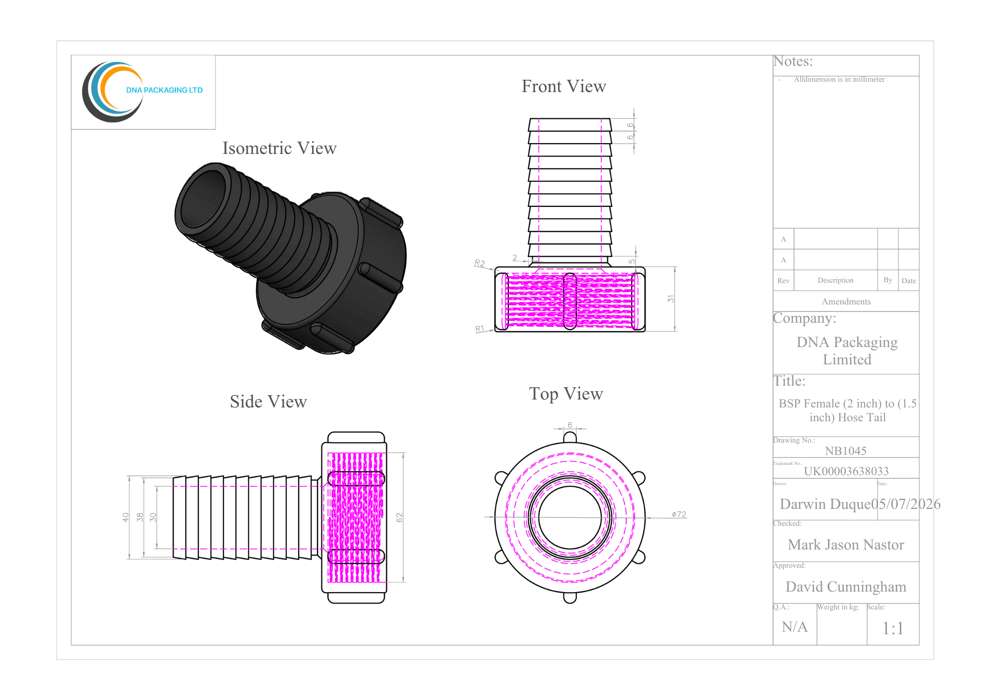 BSP Female (2 inch) to (1.5 inch) Hose Tail