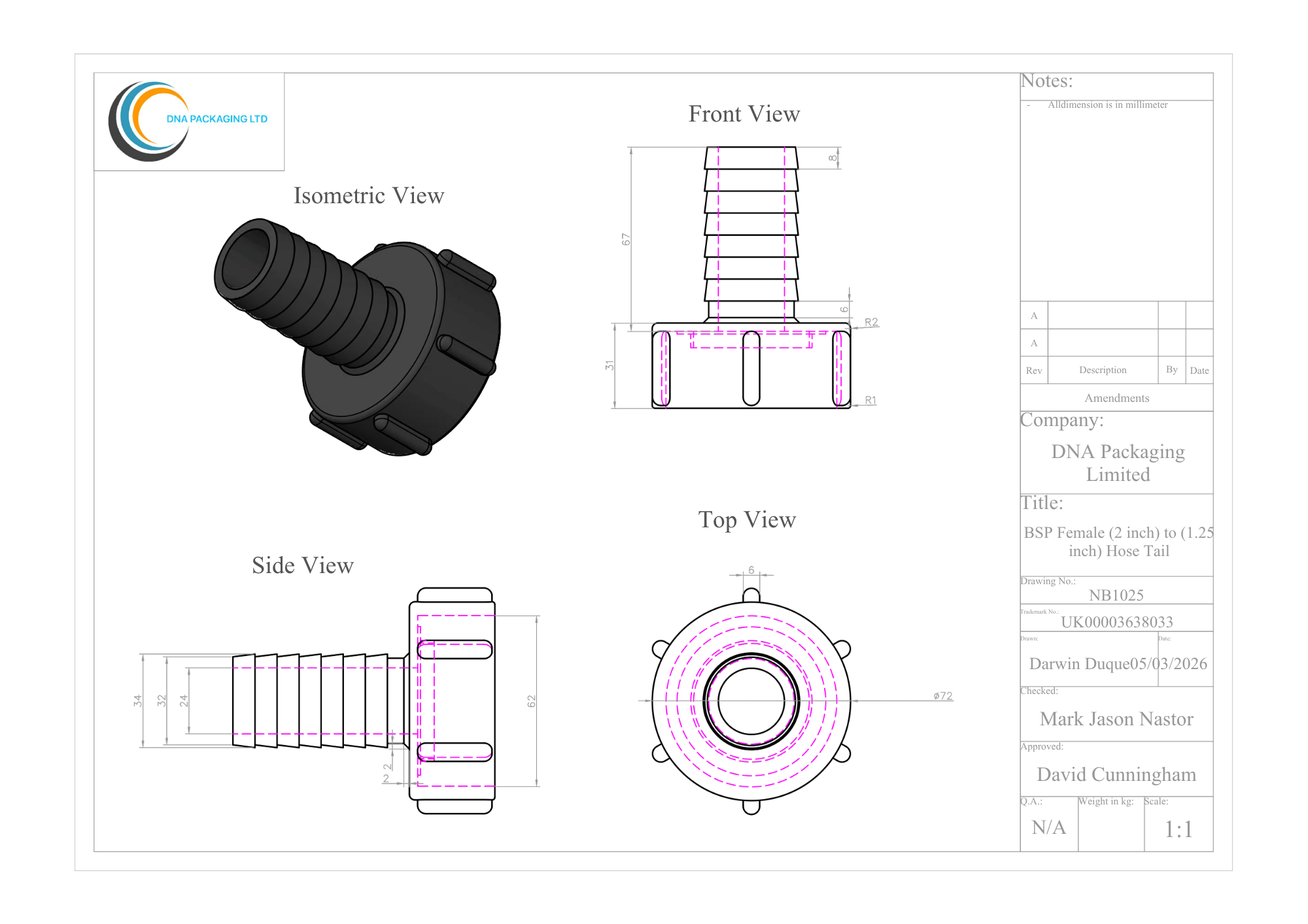 BSP Female (2 inch) to (1.25 inch) Hose Tail