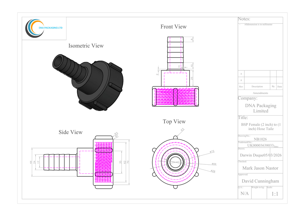 BSP Female (2 inch) to (1 inch) Hose Tail