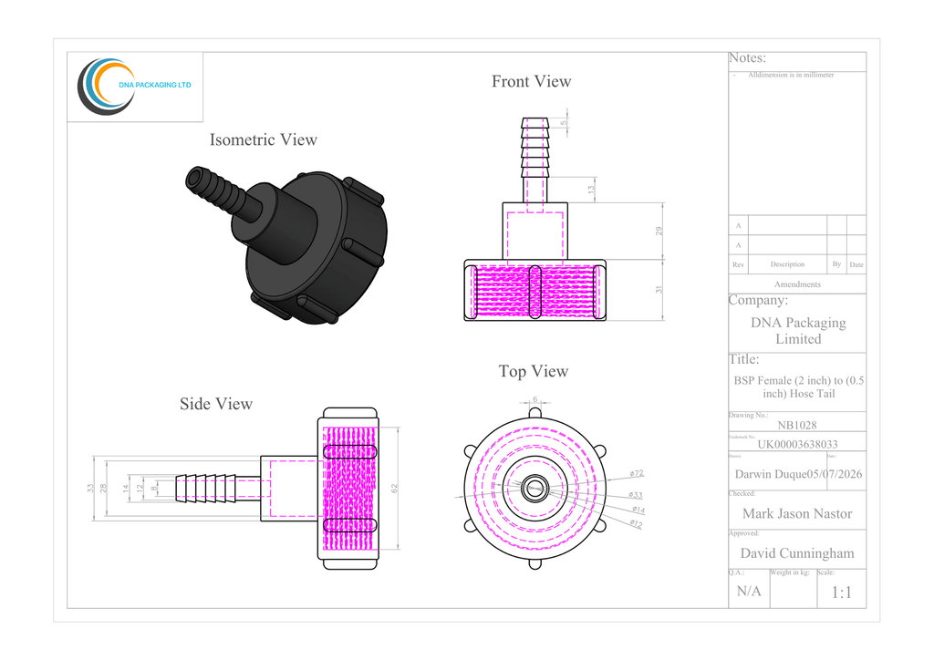 BSP Female (2 inch) to (0.5 inch) Hose Tail