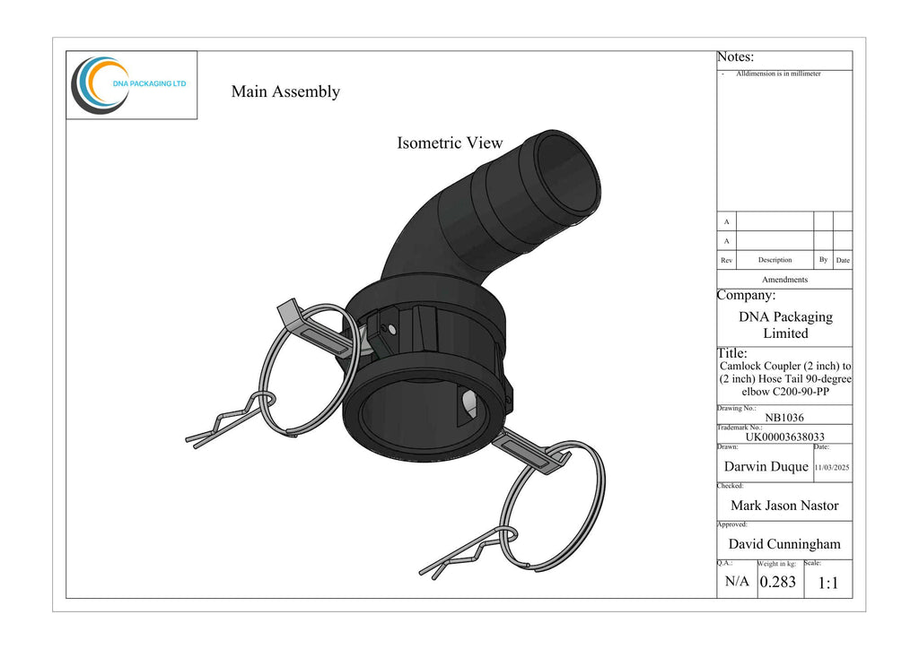 Camlock Coupler (2 inch) to (2 inch) Hose Tail 90-degree elbow