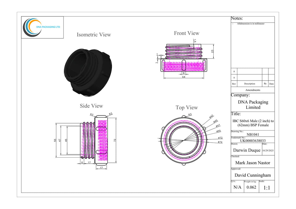 IBC S60x6 (2 inch) Male to (62mm) BSP Female