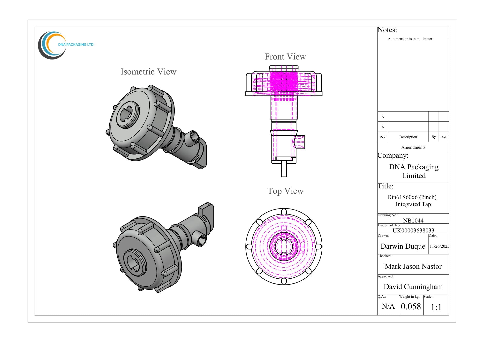 Din61 S60x6 (2 inch) Integrated Tap