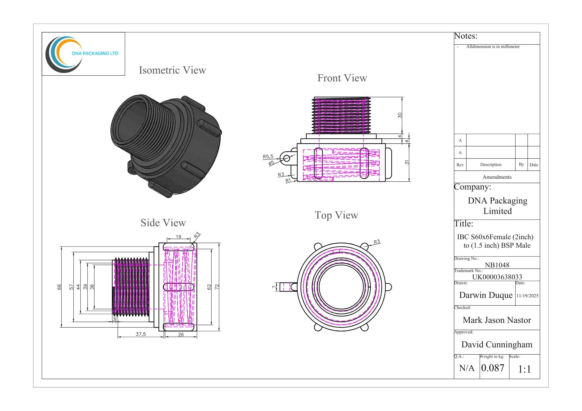 IBC S60x6 (2 inch) Female to (1.5 inch) BSP Male