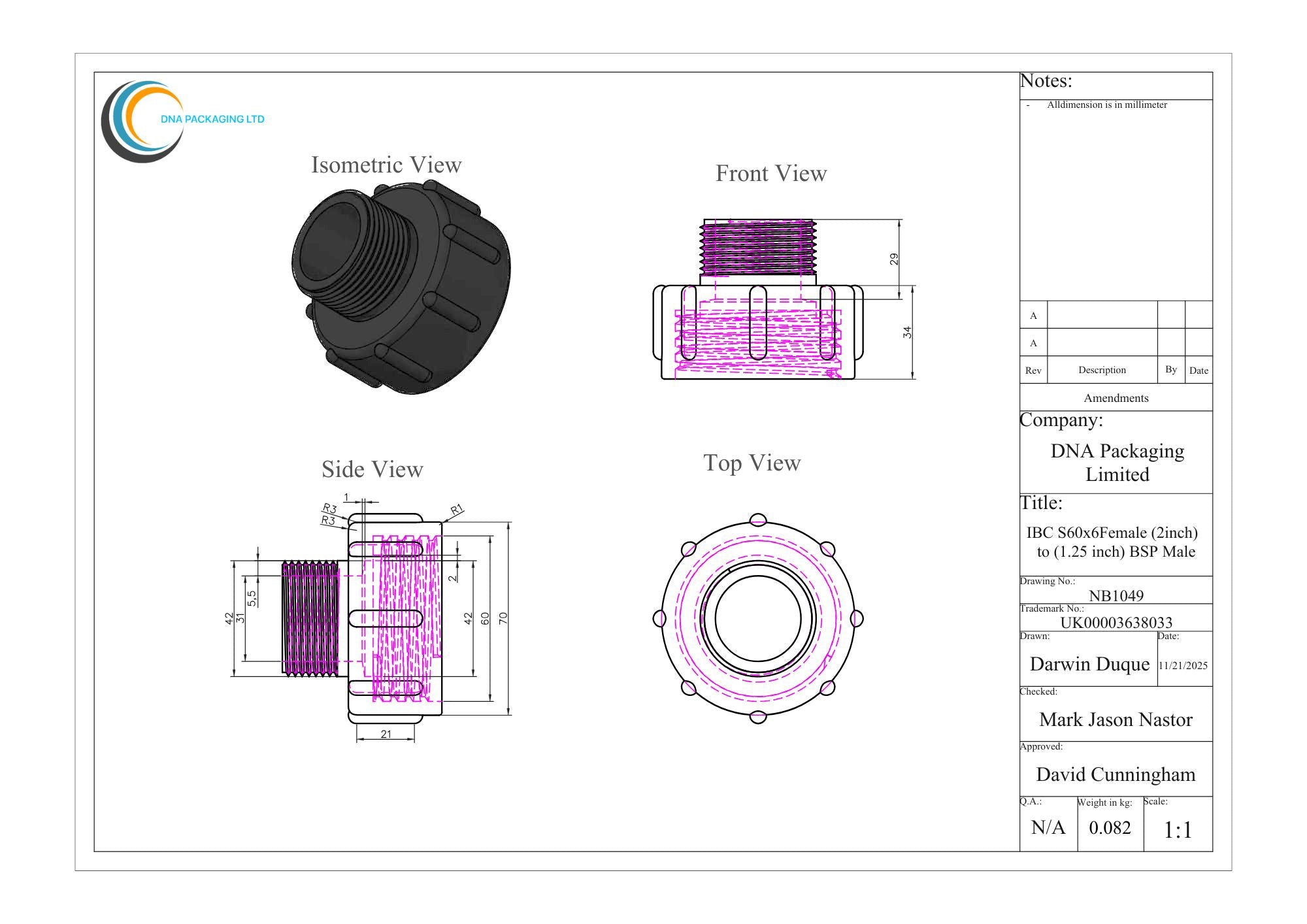 IBC S60x6 (2 inch) Female to (1.25 inch) BSP Male