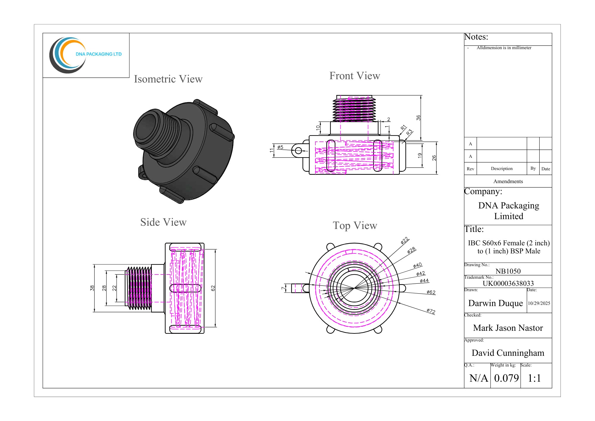IBC S60x6 (2 inch) Female to (1 inch) BSP Male