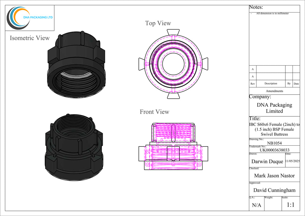 IBC S60x6 (2 inch) Female to (1.5 inch) BSP Female Swivel Buttress