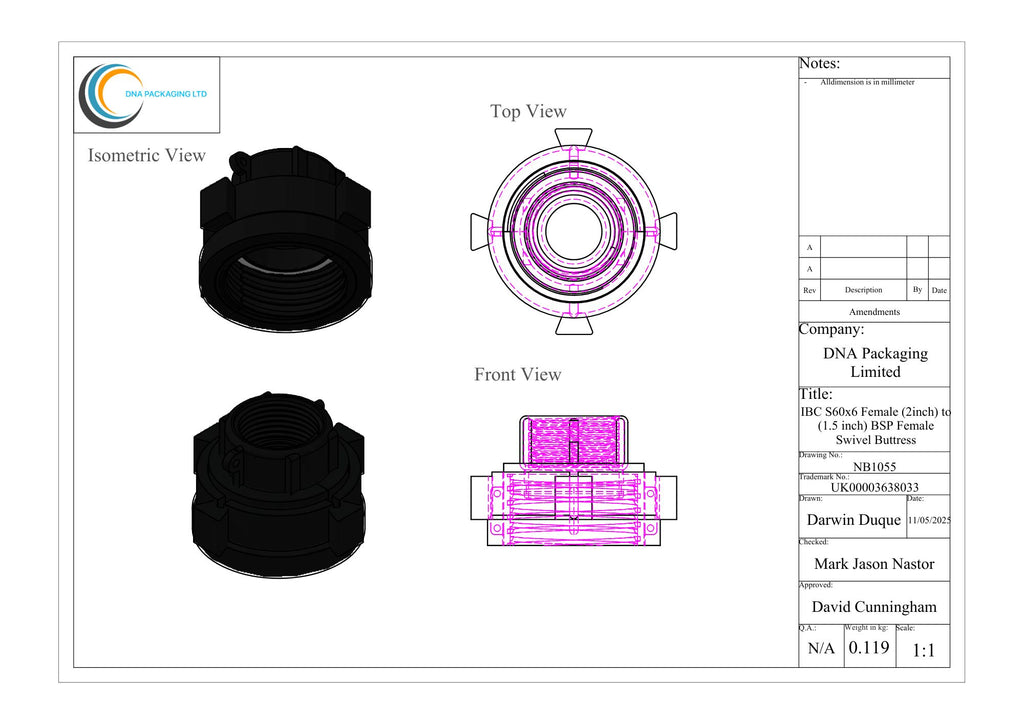 IBC S60x6 (2 inch) Female to (1.25 inch) BSP Female Swivel Buttress