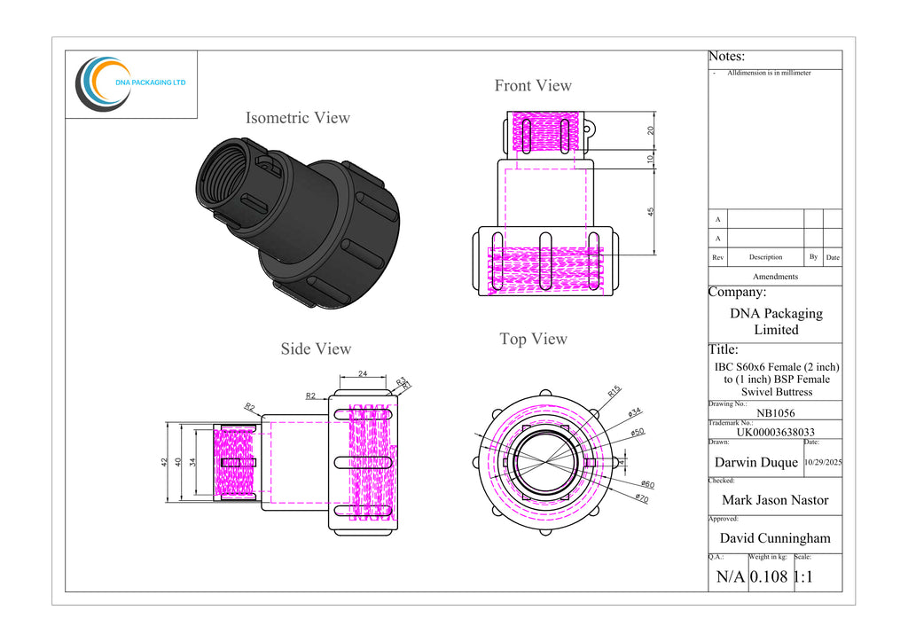 IBC S60x6 (2 inch) Female to (1 inch) BSP Female Swivel Buttress