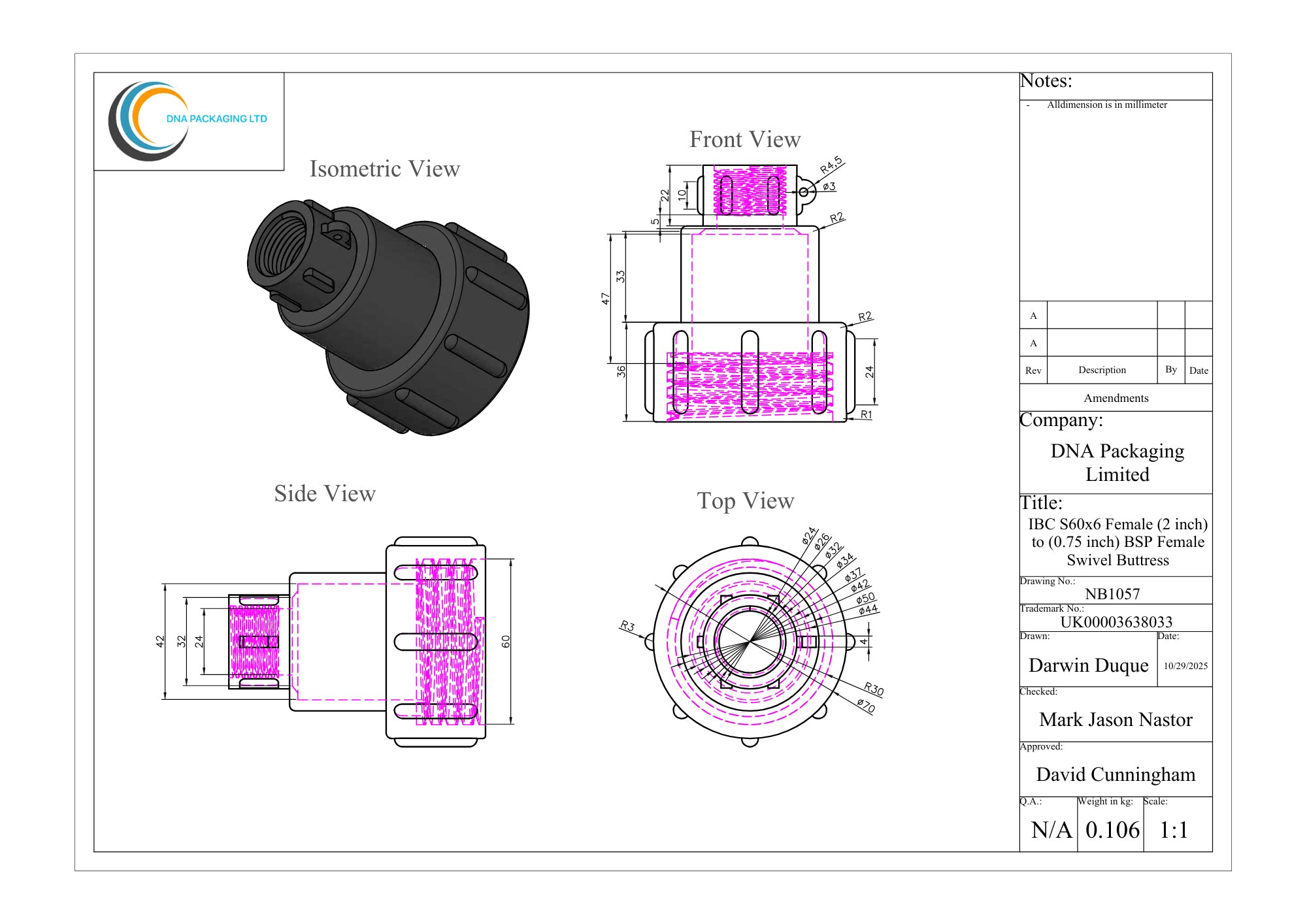 IBC S60x6 (2 inch) Female to (0.75 inch) BSP Female Swivel Buttress