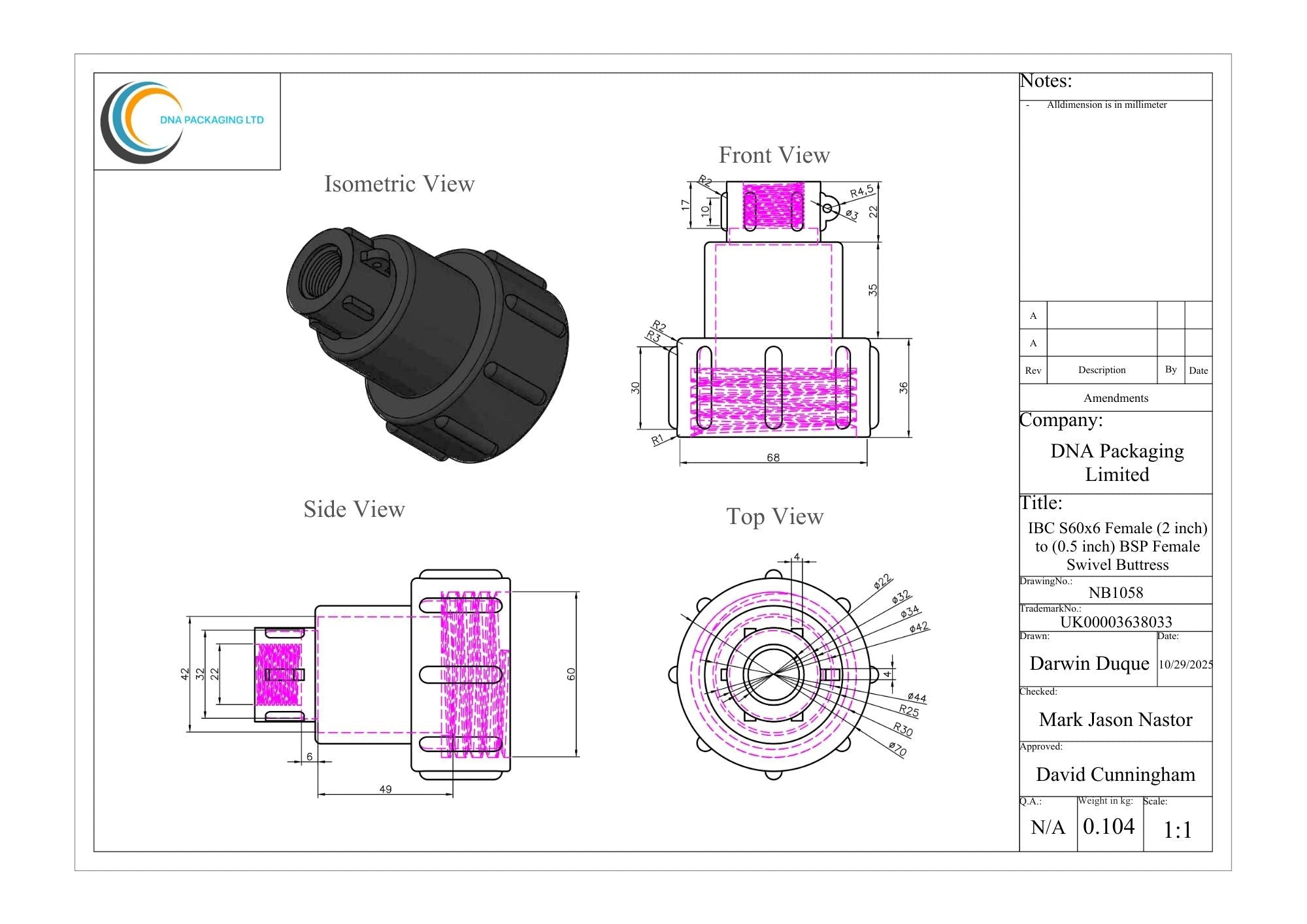 IBC S60x6 Female (2 inch) to (0.5 inch) BSP Female Swivel Buttress