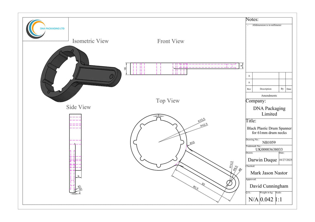 Black Plastic Drum Spanner for 61mm drum necks