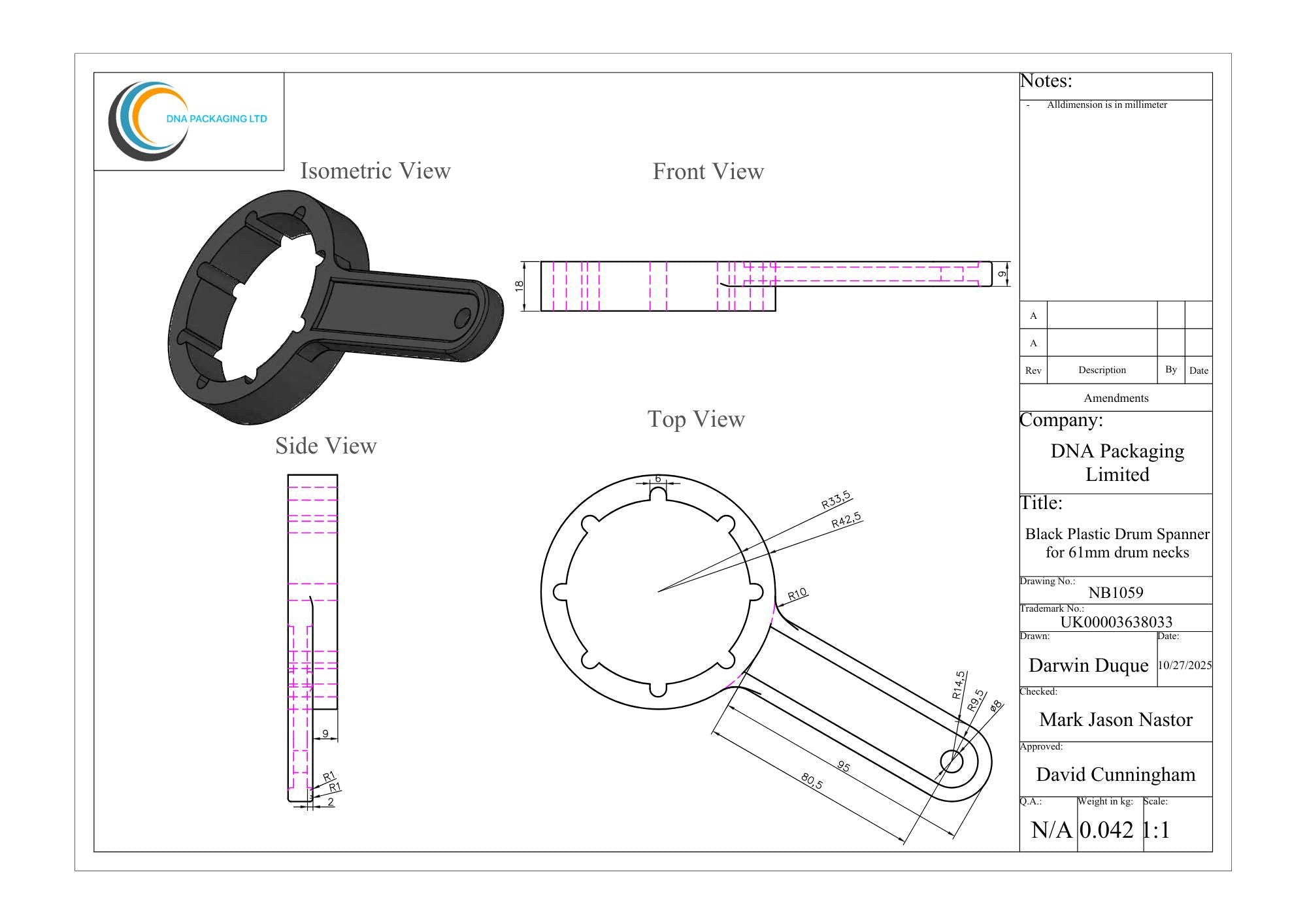Black Plastic Drum Spanner for 61mm drum necks
