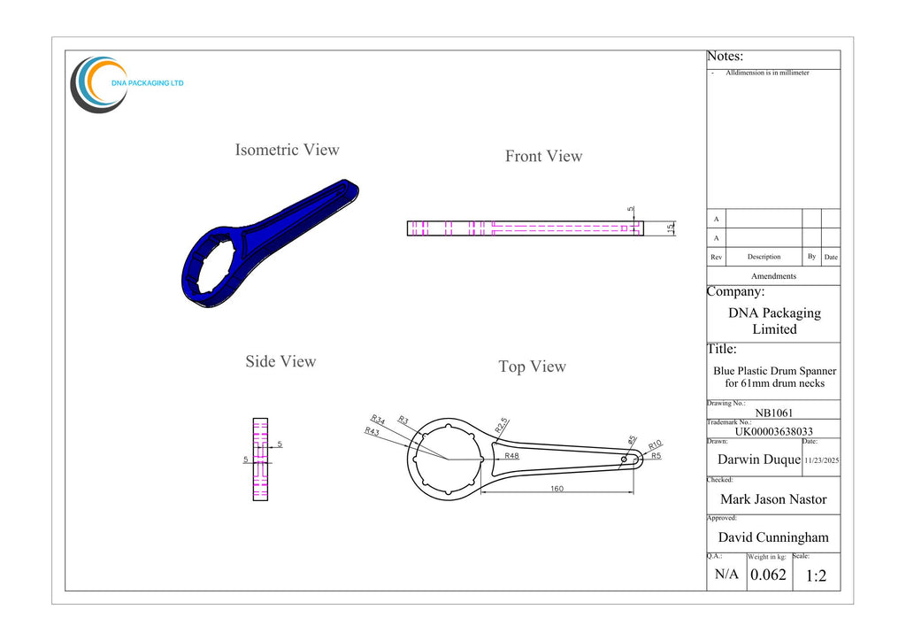 Blue Plastic Drum Spanner for 61mm drum necks
