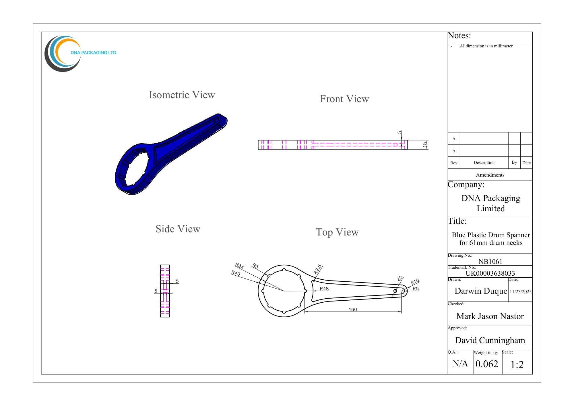 Blue Plastic Drum Spanner for 61mm drum necks