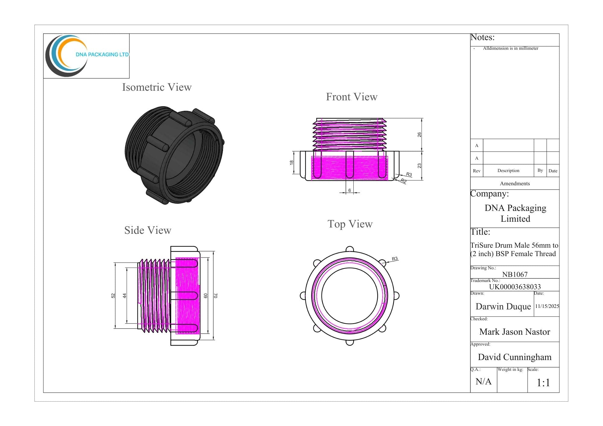 TriSure Drum Male 56mm to (2 inch) BSP Female Thread