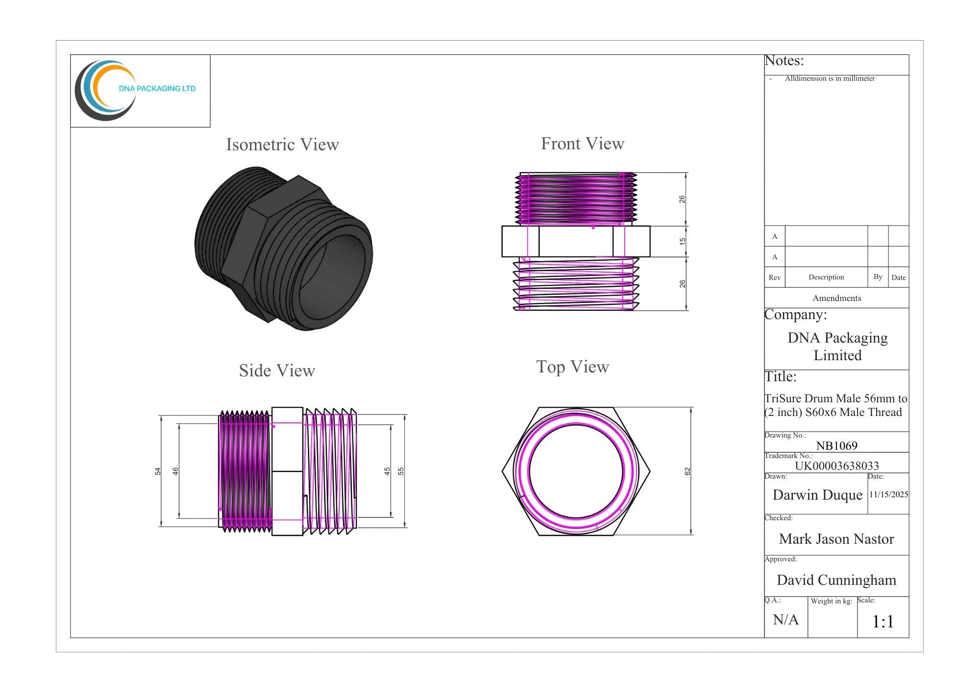 TriSure Drum Male 56mm to (2 inch) BSP Male Thread