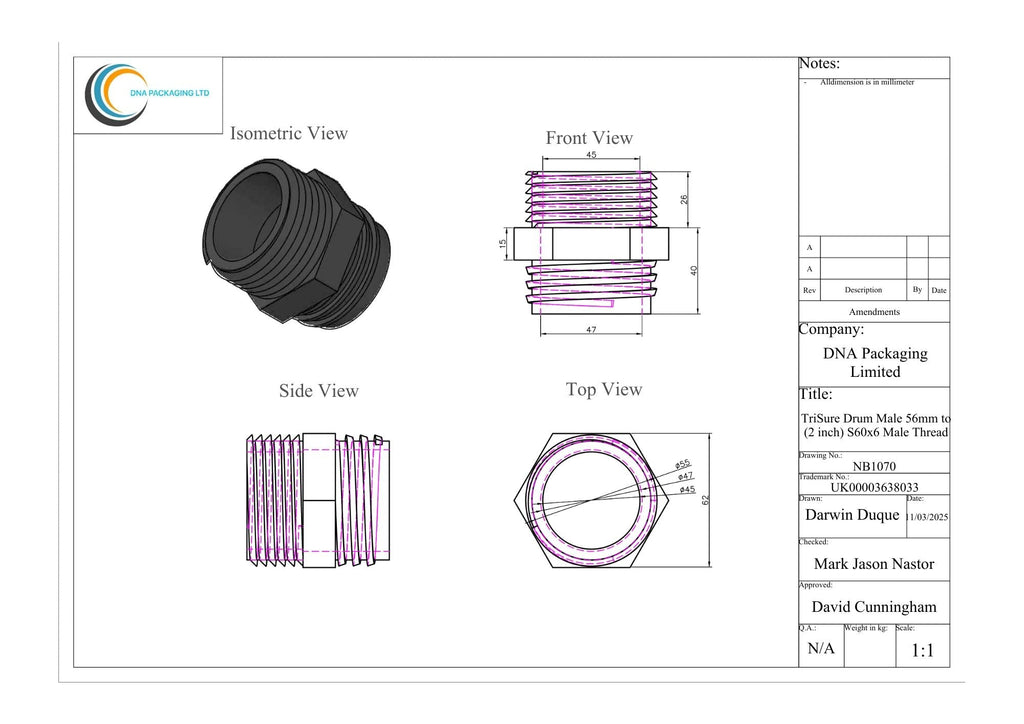 TriSure Drum Male 56mm to (2 inch) S60x6 Male Thread