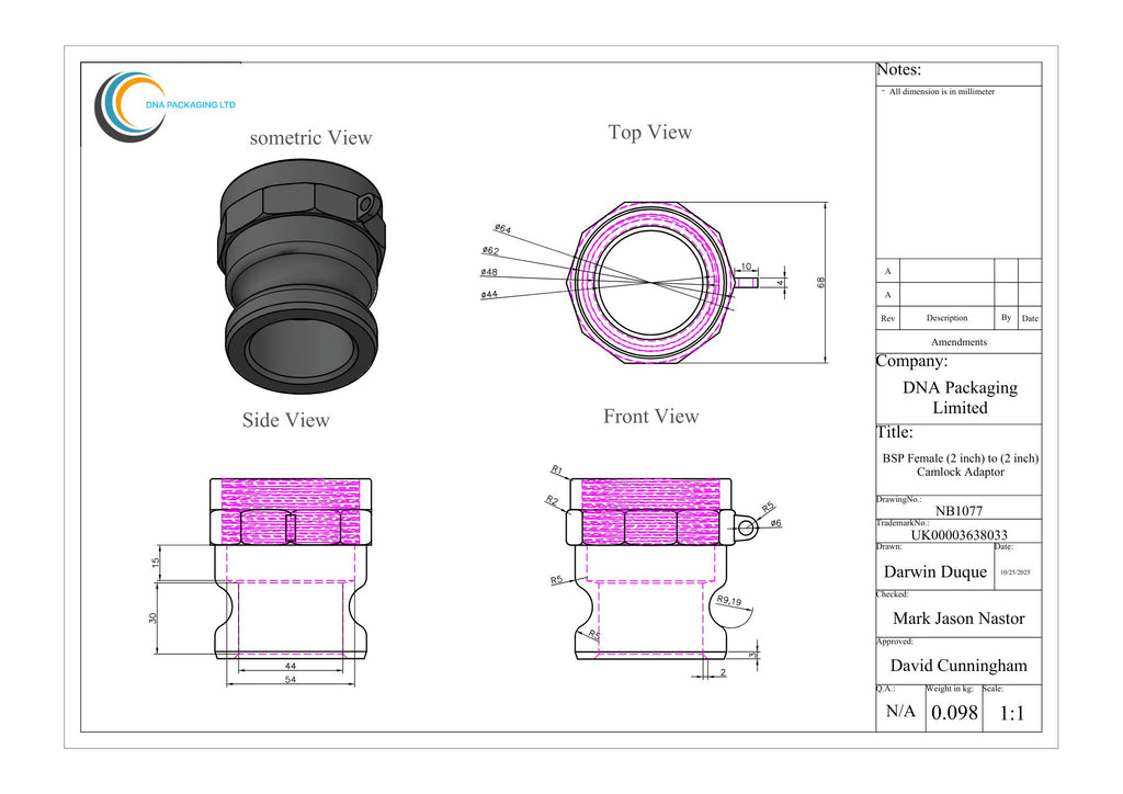 BSP Female (2 inch) to (2 inch) Camlock Adaptor