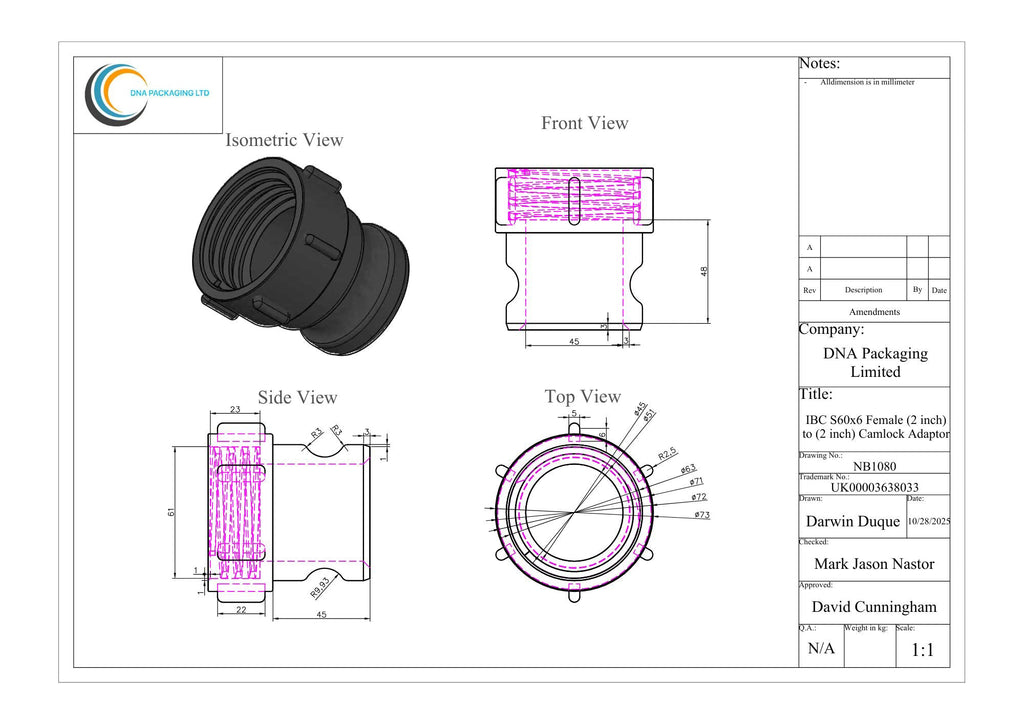 IBC S60x6 (2 inch) Female to (2 inch) Camlock Adaptor