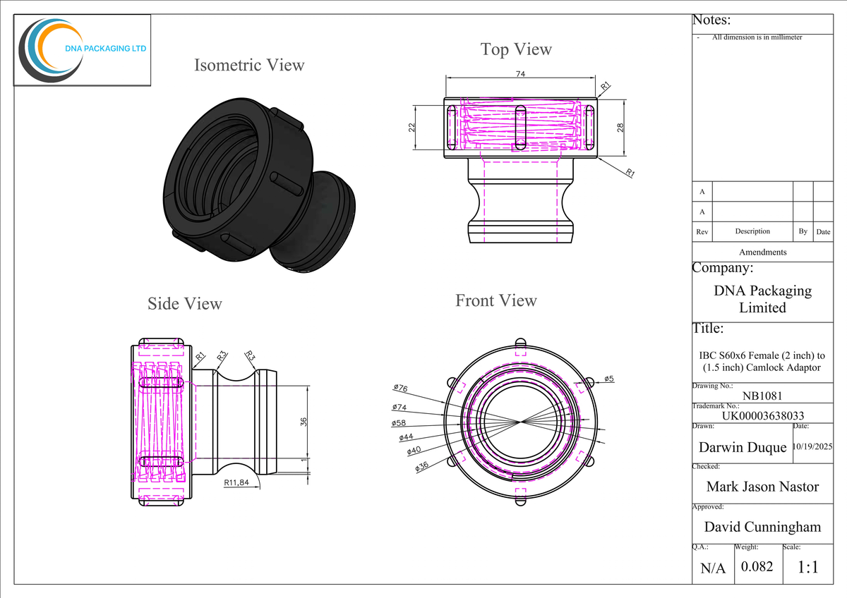 IBC S60x6 Female (2 inch) to (1.5 inch) Camlock Adaptor