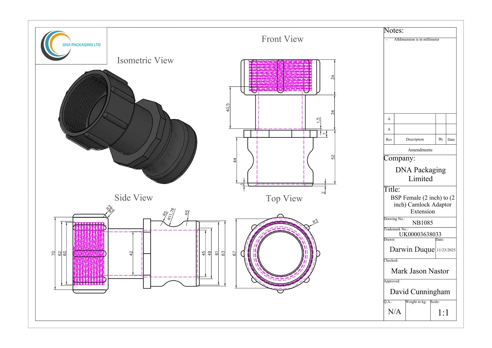 BSP Female (2 inch) to (2 inch) Camlock Adaptor Extension