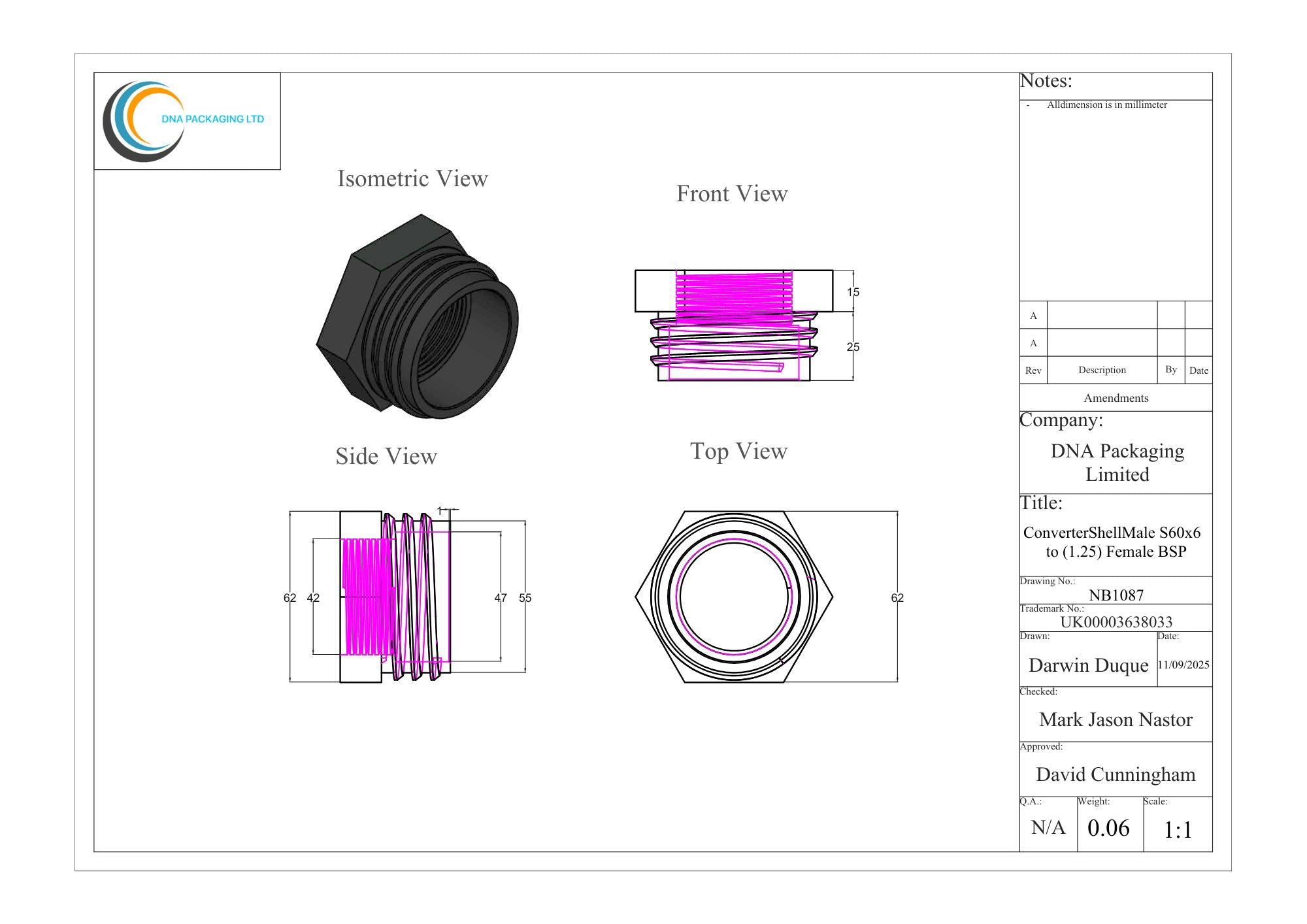 Converter Shell Male S60x6 to (1.25) Female BSP