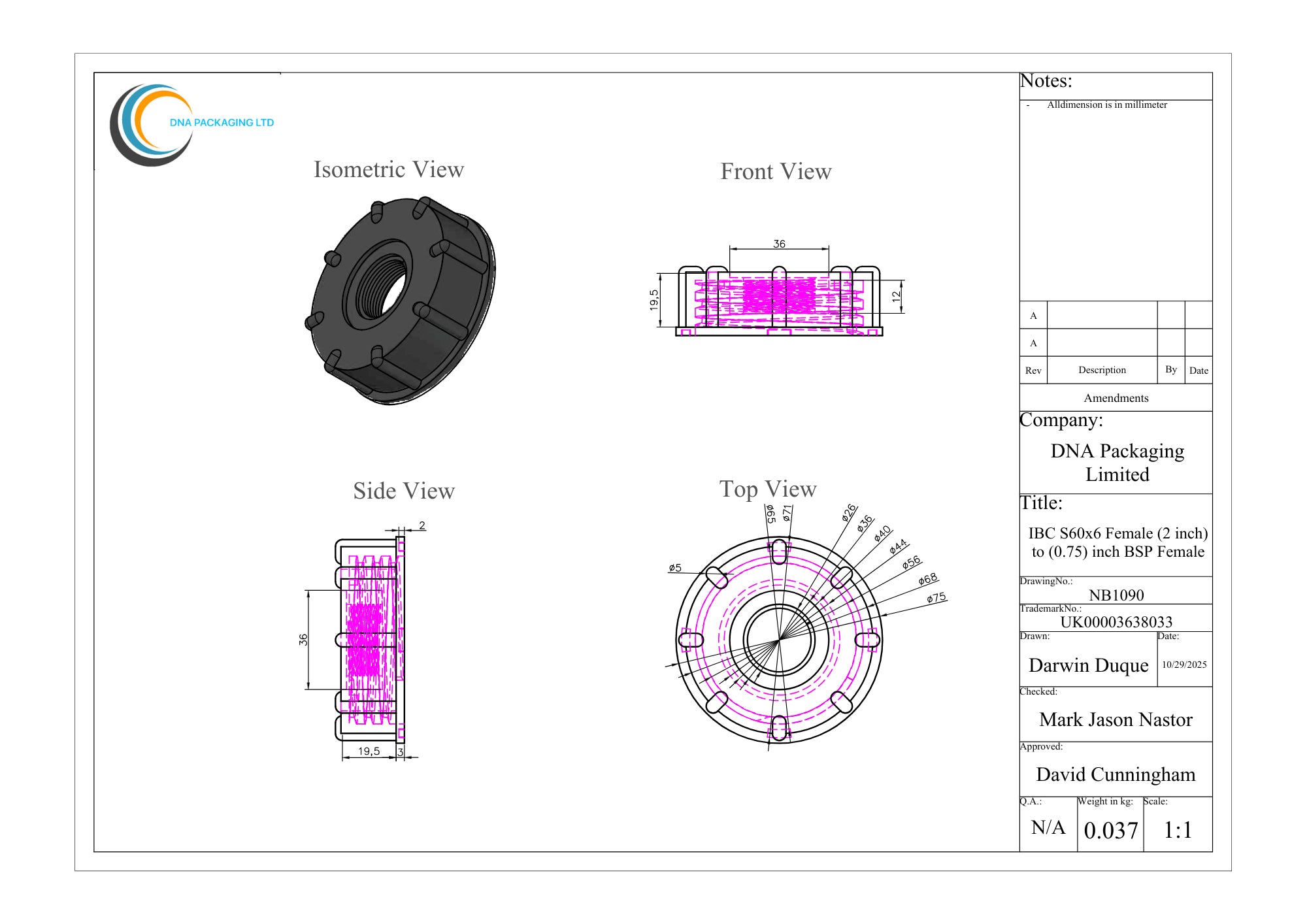 IBC S60x6 Female (2 inch) to (0.75) inch BSP Female