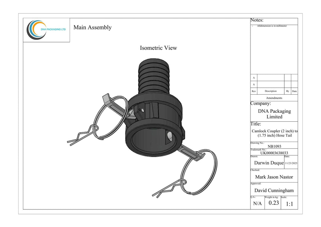Camlock Coupler (2 inch) to (1.75 inch) Hose Tail