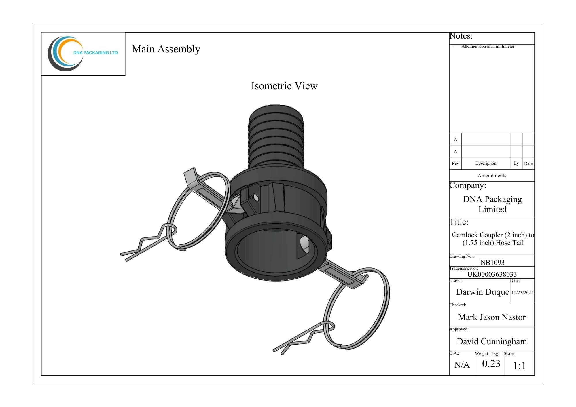 Camlock Coupler (2 inch) to (1.75 inch) Hose Tail