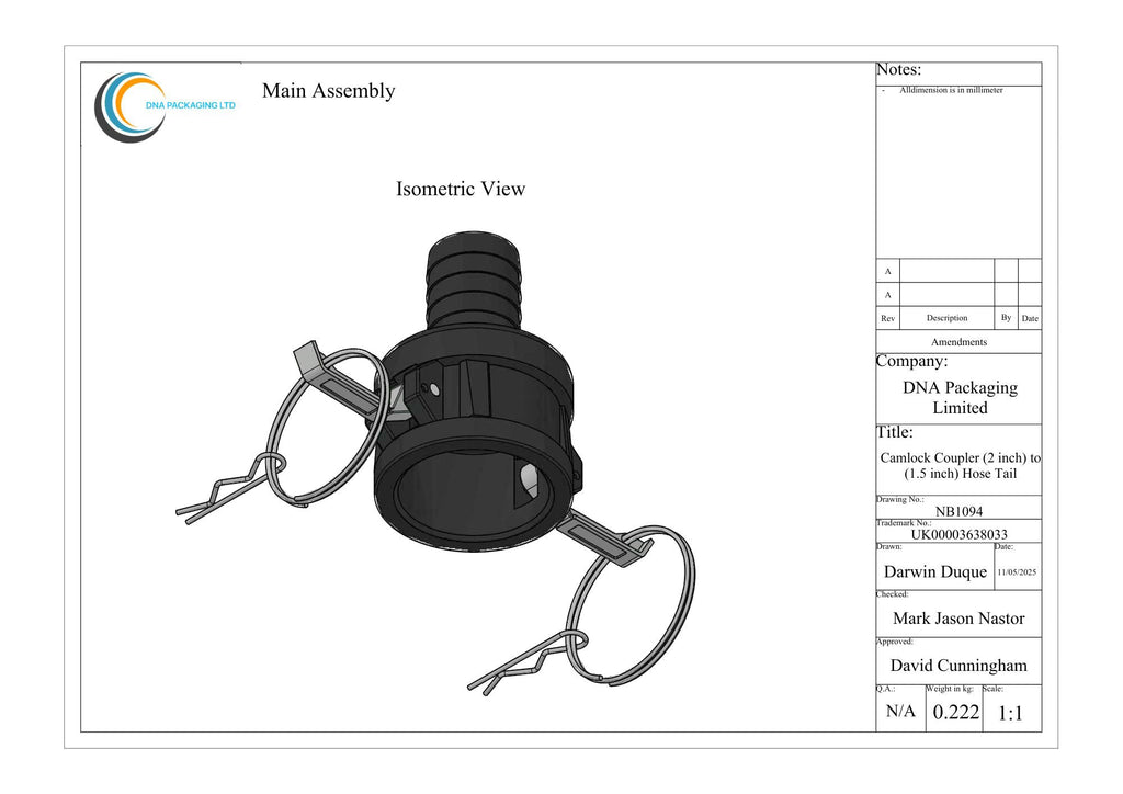 Camlock Coupler (2 inch) to (1.5 inch) Hose Tail