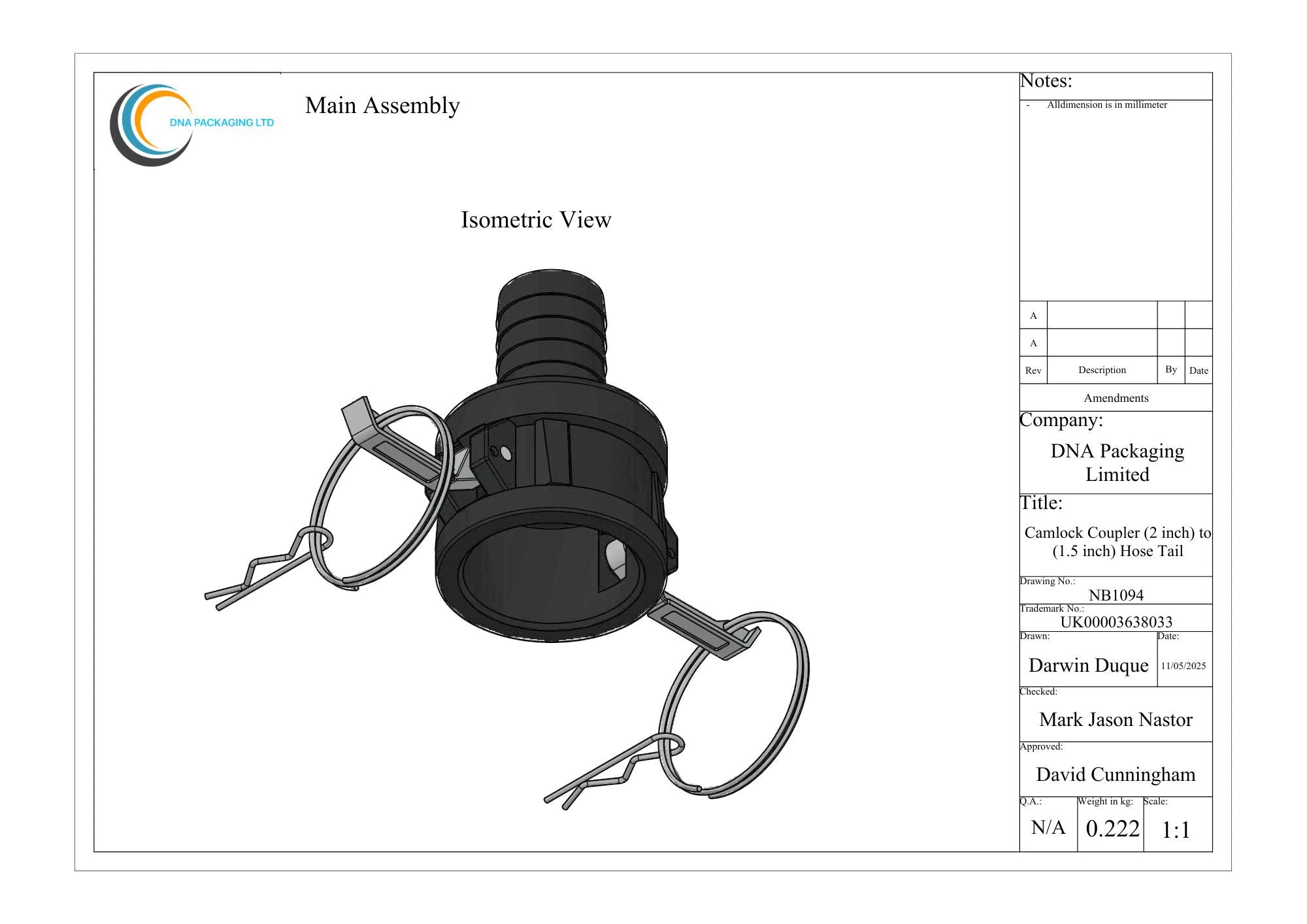 Camlock Coupler (2 inch) to (1.5 inch) Hose Tail