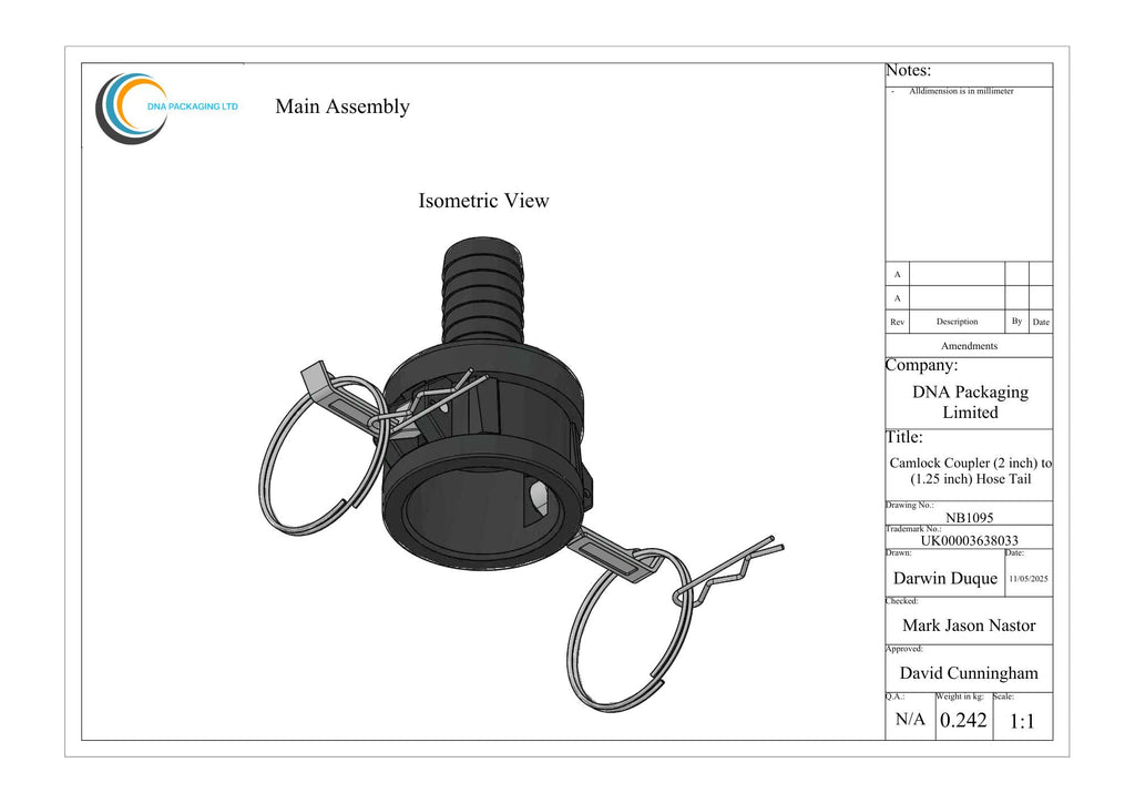 Camlock Coupler (2 inch) to (1.25 inch) Hose Tail