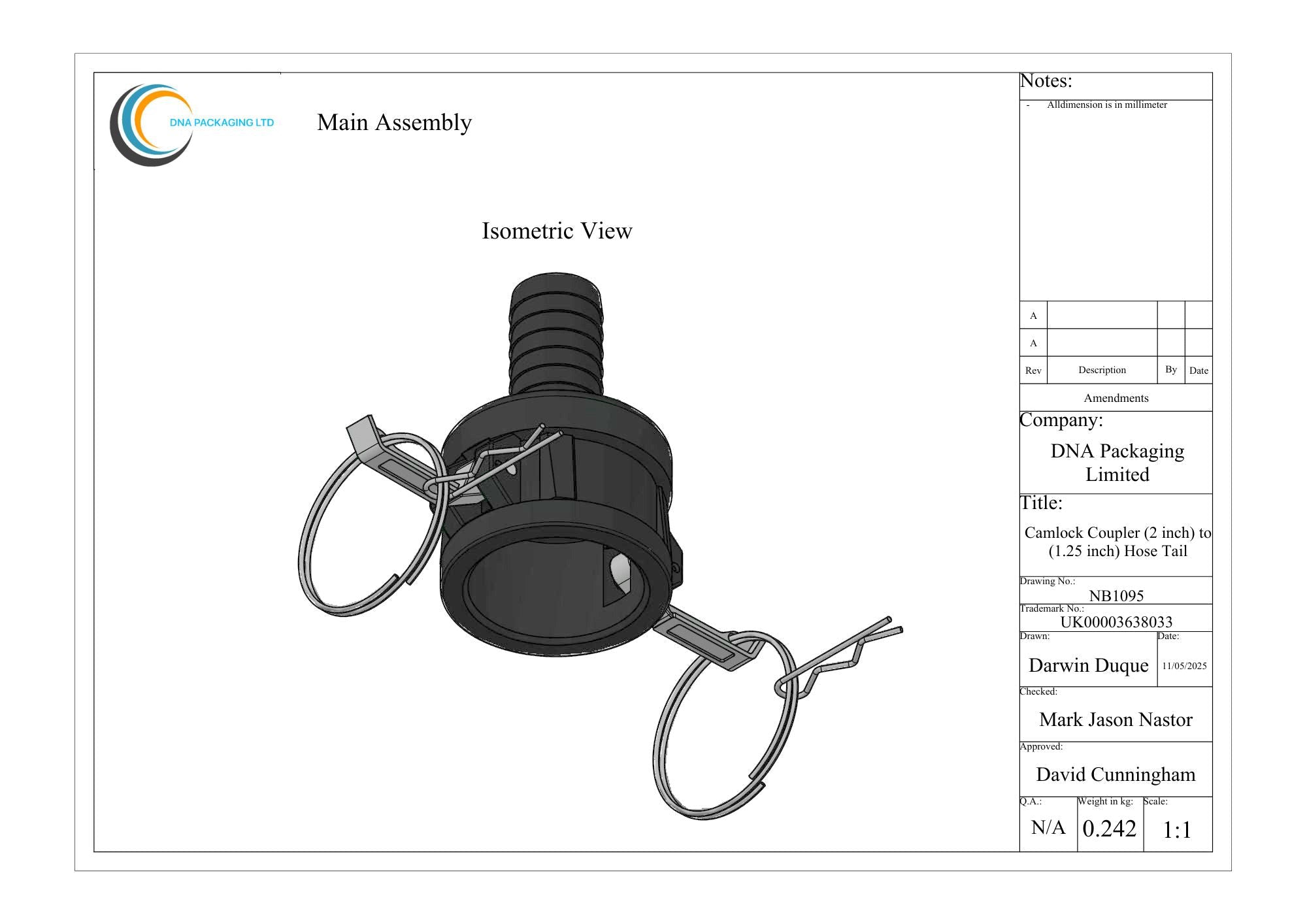 Camlock Coupler (2 inch) to (1.25 inch) Hose Tail