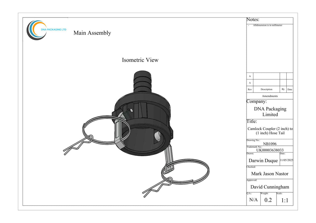 Camlock Coupler (2 inch) to (1 inch) Hose Tail
