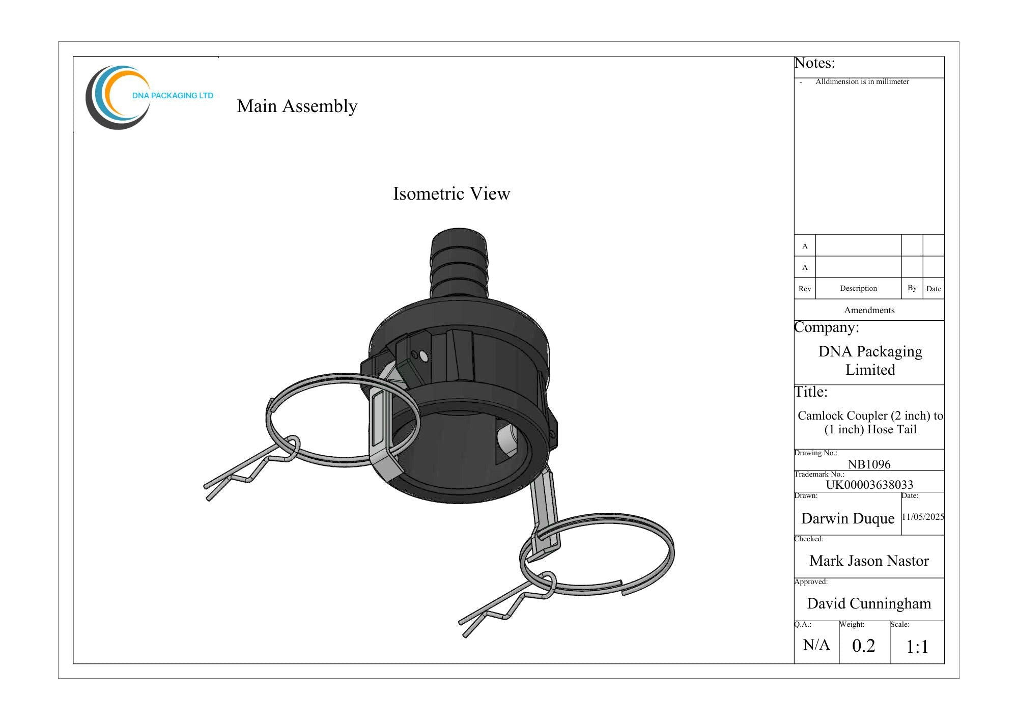 Camlock Coupler (2 inch) to (1 inch) Hose Tail