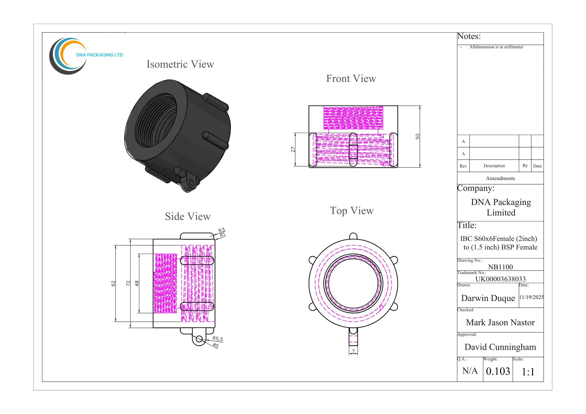 IBC S60x6 Female (2 inch) to (1.5 inch) BSP Female