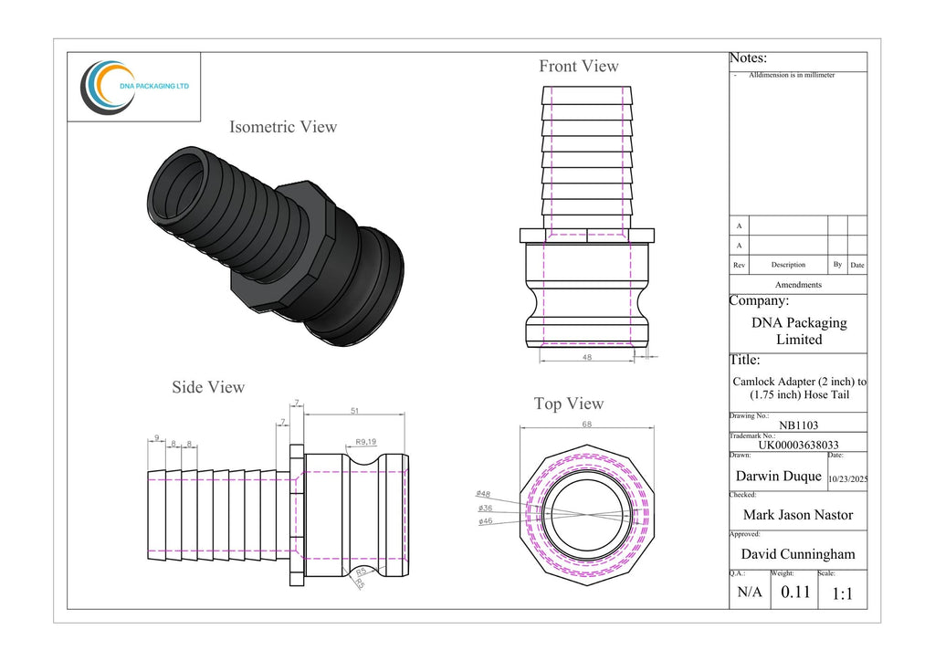Camlock Adapter (2 inch) to (1.75 inch) Hose Tail