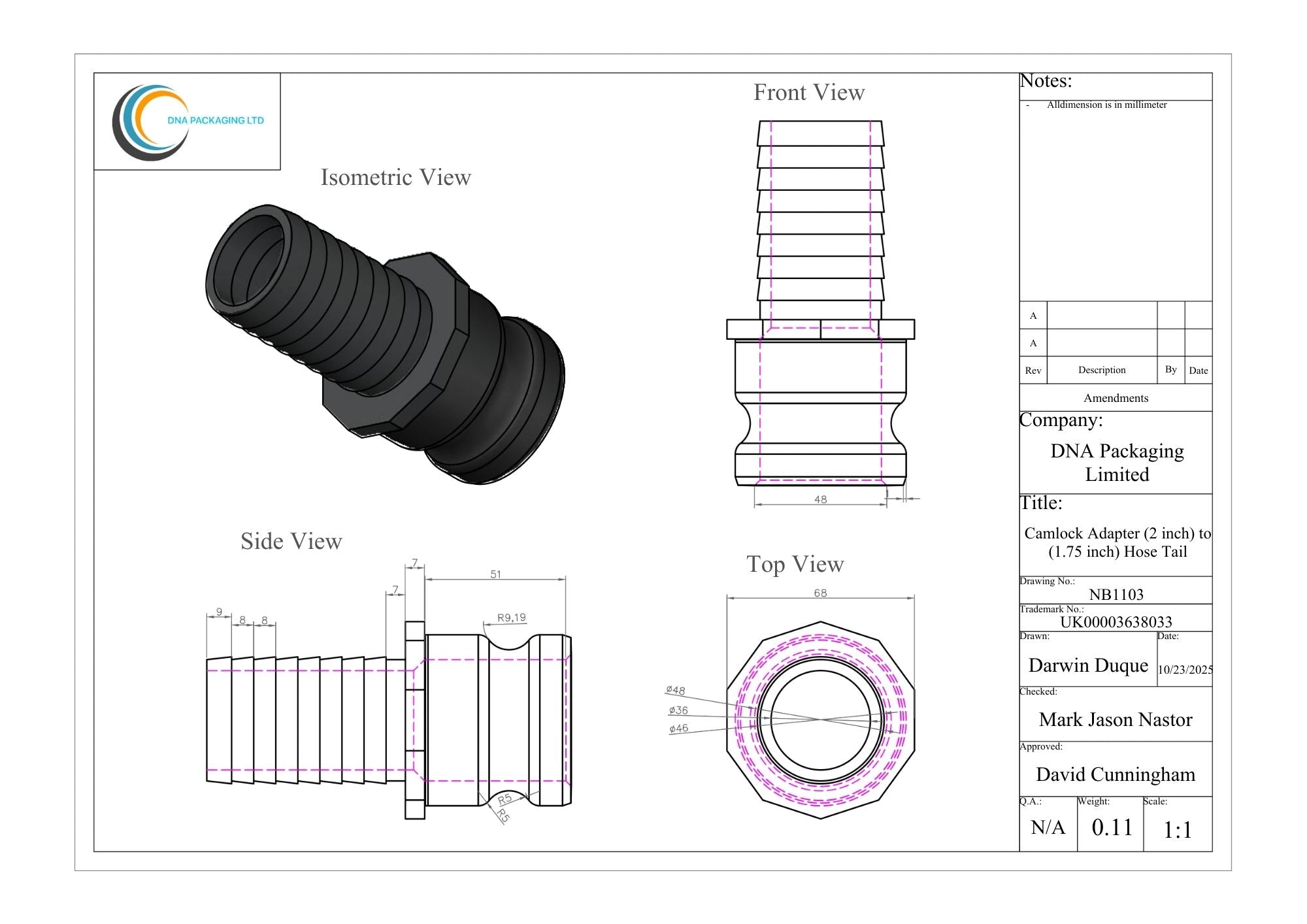 Camlock Adapter (2 inch) to (1.75 inch) Hose Tail