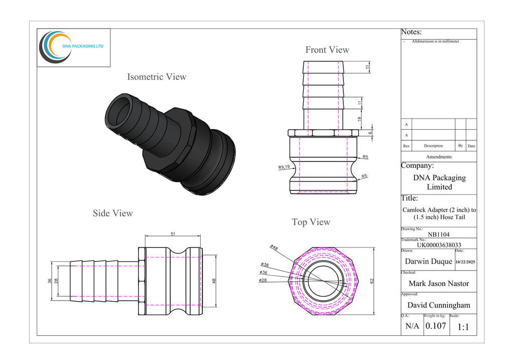 Camlock Adapter (2 inch) to (1.5 inch) Hose Tail